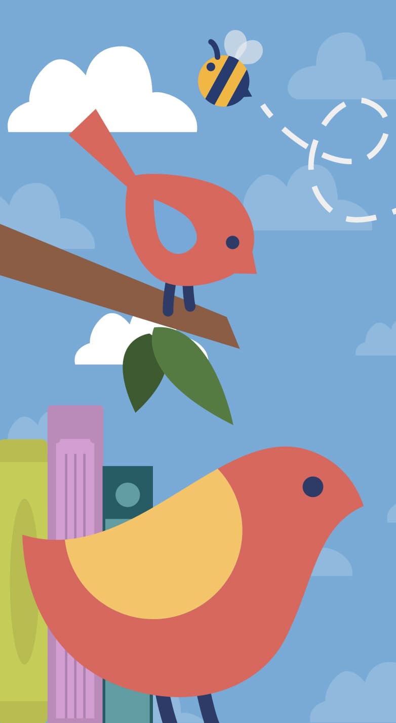 Two illustrated bird's from Kinder Books children's bookstore.