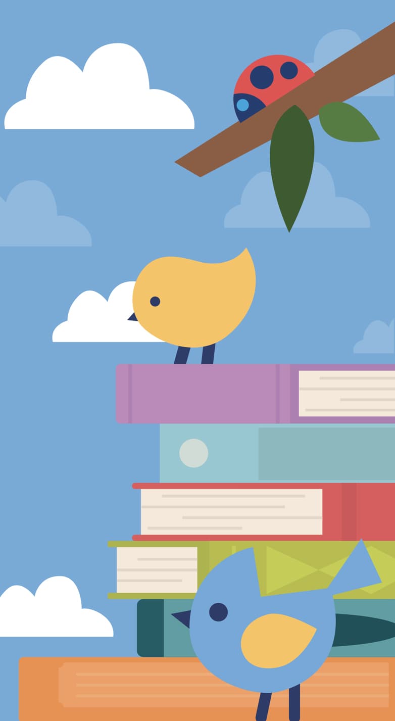 Two small illustrated bird's from Kinder Books children's bookstore.