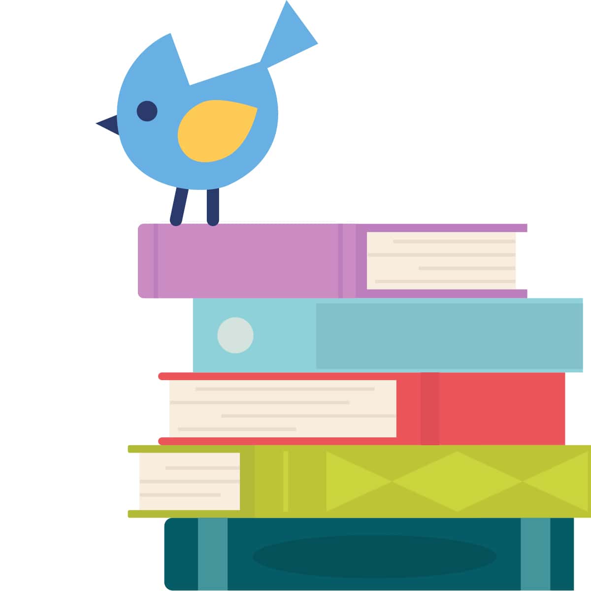 Illustrated blue bird on a stack of books.
