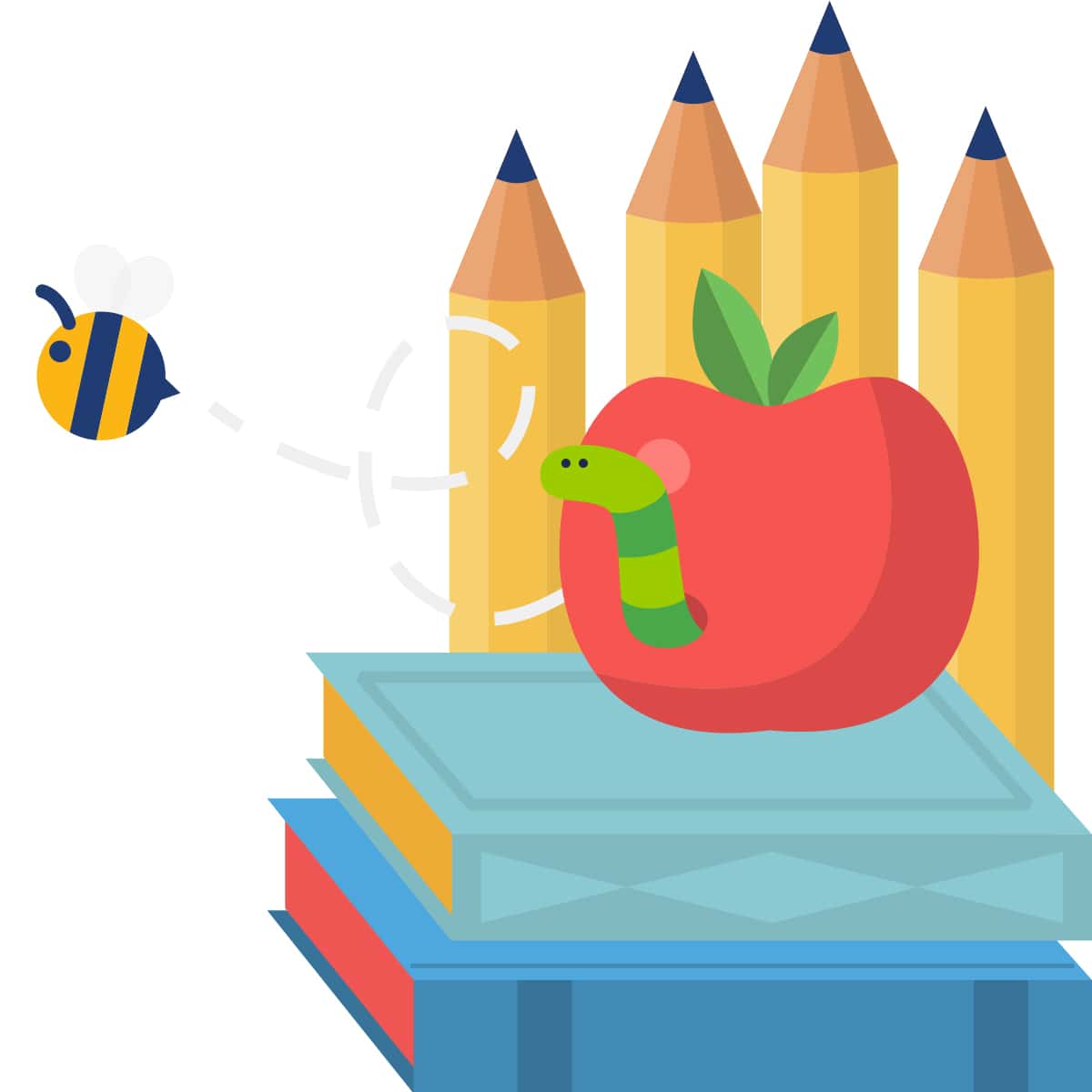 Illustrated bee and worm inside an apple with books and pencils.