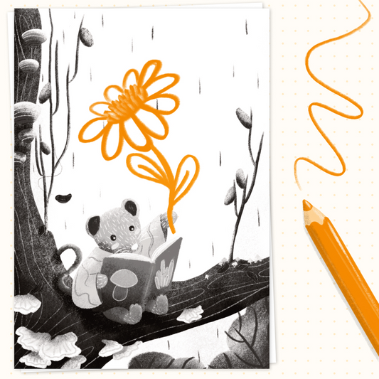 Reading about Mushrooms - AR Postcard A postcard that you can draw on!