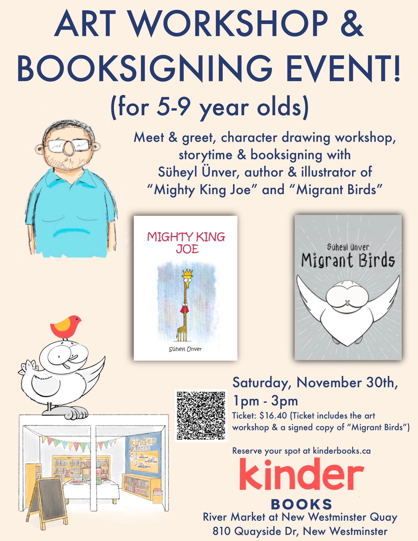 Nov 30, 1 pm, Character Drawing Workshop + Booksigning with author/illustrator Süheyl Ünver for 5-9 yr olds