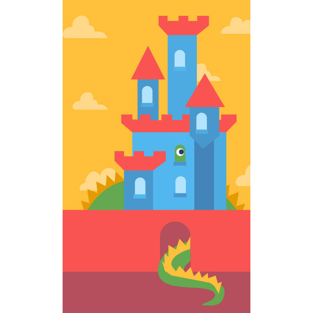 Illustration of a dragon looking through a castle.