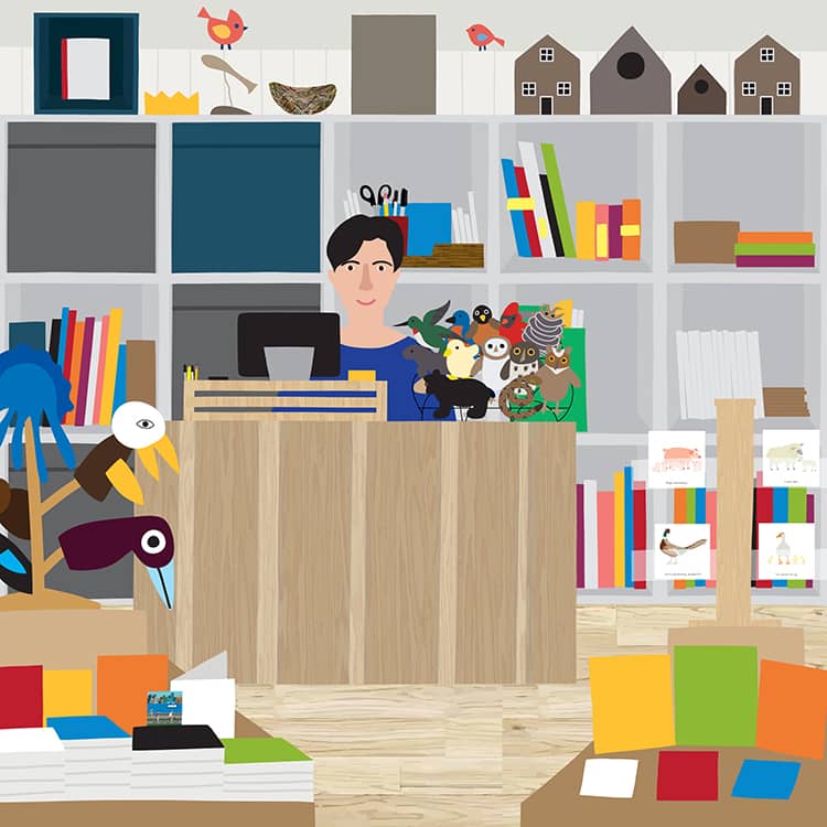 Illustration of Anne behind the Kinder Books counter.