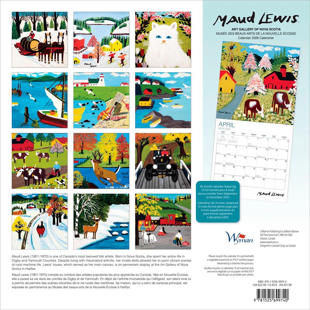 Maud Lewis AGNS OFFICIAL | 2026 12 x 24 Inch (Hanging) Monthly Square Wall Calendar