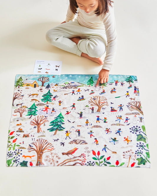 Playsilk Seek & Find Snowy Day features artwork by Gemma Koomen