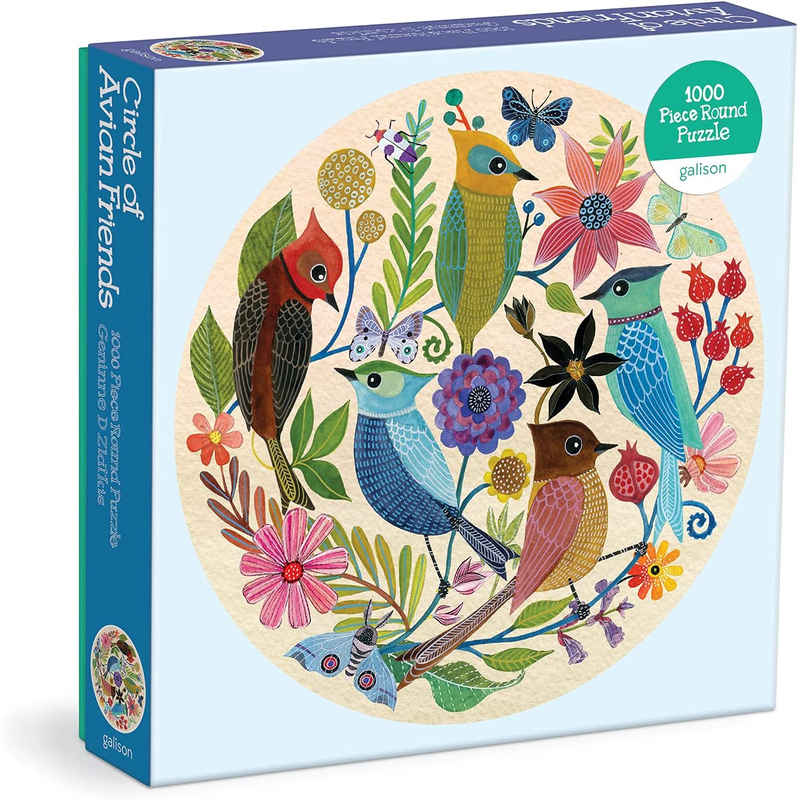 Circle of Avian Friends 1000 Piece Round Puzzle from Galison - Challenging Puzzle with Stunning Art of Birds and Flowers by Geninne Zlatkis